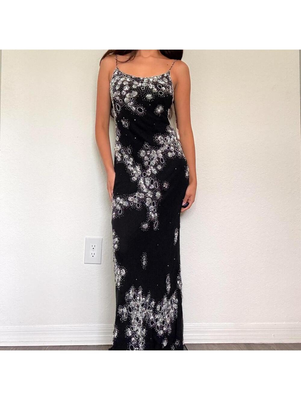 RARE Deadstock Y2K black silver beaded silk maxi dress